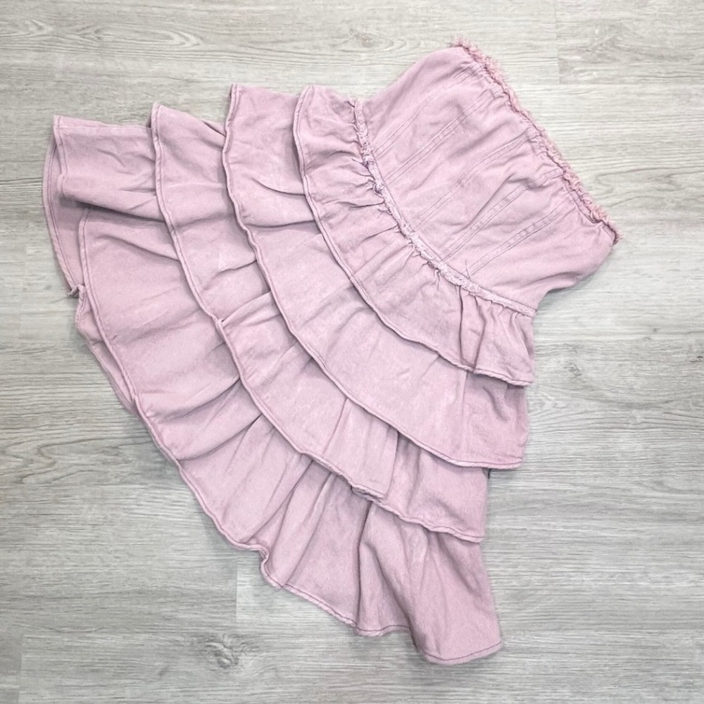 So Me Denim Strapless Tiered Ruffle Mini Dress Sz Small Smocked Mauve Pink